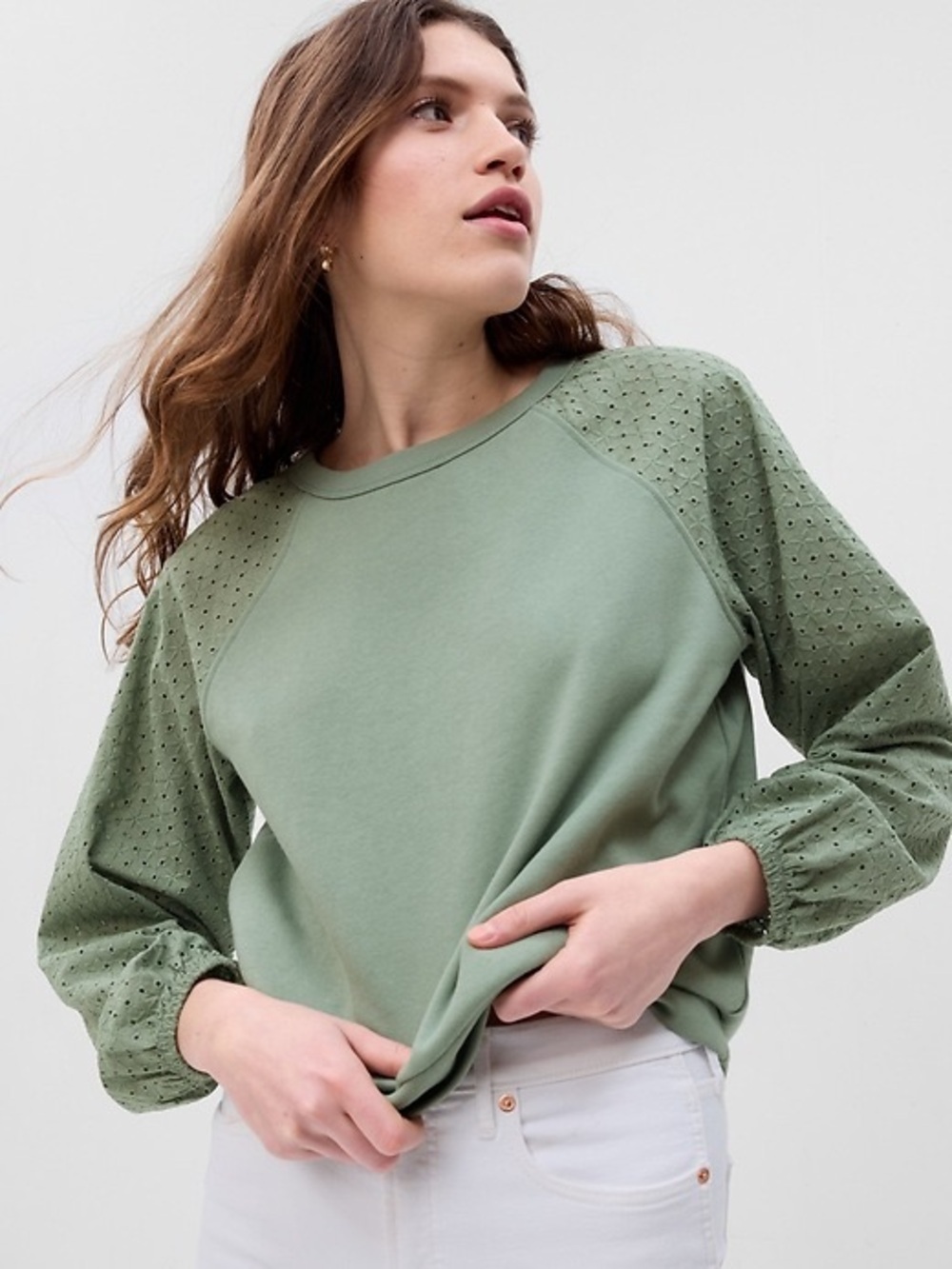 GAP Vintage Soft Eyelet Sweatshirt In Sage Green Size Small Cotton Blend Soft